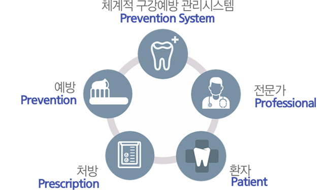 체계적 구강예방 관리시스템(Prevention System) / 전문가(Professional) / 환자(Patient) / 처방(Prescription) / 예방(Prevention)